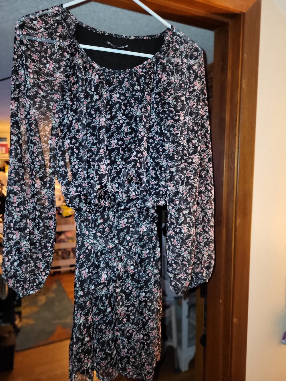 Vanity Rachael & Chloe Black Dress with Red Pink Floral Print - Long Sleeve